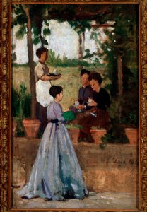 Italienische Damen trinken Kaffee unter der Pergola von Silvestro Lega