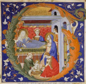 Manuskript-Illumination mit der Geburt der Jungfrau Maria in einem Initial G, aus einem Graduale, ca. 1375 von Silvestro dei Gherarducci