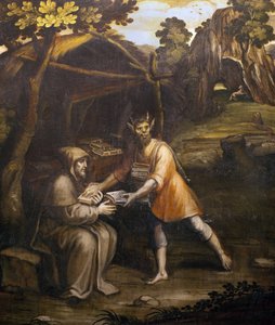 Der Teufel nimmt die heiligen Bücher und ersetzt sie durch weltliche Bücher; Gemälde von Simao Rodrigues (1560-1629) von Simao Rodrigues