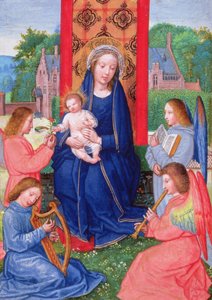 Madonna und Kind mit Engeln, die Instrumente spielen, aus den Stunden der Joanna von Ghistelles von Simon (attr. to) Bening
