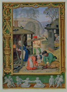 Dezember: Zubereitung von Lebensmitteln für den Winter, Brotbacken und Schweineschlachten, aus einem Stundenbuch, oder dem Golfbuch, ca. 1520-30