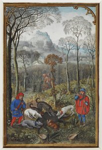Kalenderminiatur für Dezember, die eine Wildschweinjagd zeigt
