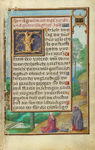 Bordüre mit Elia, der den Sohn der Witwe von Sarepta auferweckt von Simon Bening