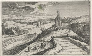 Hügellandschaft mit einer Windmühle von Simon Frisius (attributed to)
