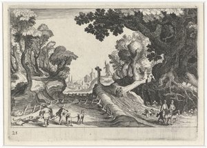 Waldlandschaft mit einem Kreuz entlang eines Pfades (Süd-Europäische Landschaften) von Simon Frisius