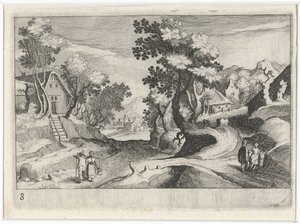 Waldreiche Hügellandschaft mit Gebäuden und Figuren von Simon Frisius