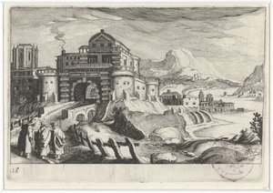 Emmausjünger vor einem Stadttor in einer Berglandschaft