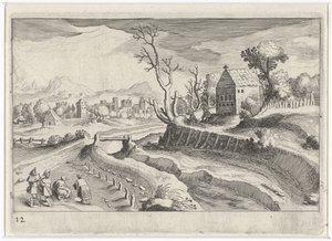Hügellandschaft mit einer Kapelle von Simon Frisius