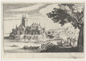 Hügellandschaft mit einer Burg auf einer Insel