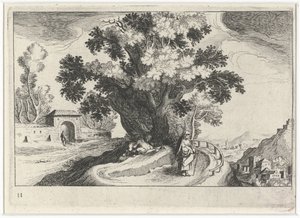 Hügellandschaft mit liebenden Figuren unter einem Baum von Simon Frisius