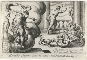 Junger Herkules erwürgt zwei Schlangen (Hercules Angues duos in cunis occidit) (Herkulische Themen) von Simon Frisius