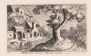 Mann mit einem Esel, der an einem Dorf vorbeigeht, aus Topographia Variarum Regionum von Simon Frisius