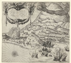 Überwindung der Holländer über die Portugiesen auf Tidore (linke Platte), 1605 von Simon Frisius
