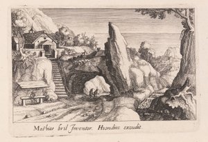 Paar von Figuren, die unter einer Felsenbrücke gehen, aus Topographia Variarum Regionum von Simon Frisius