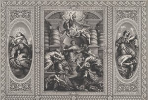 James I ernennt Charles zum König von Schottland in der Mitte, Minerva durchbohrt Unwissenheit rechts, 1720