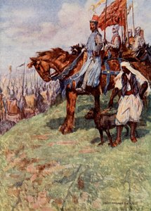 Der Löwenherz auf dem Pferd sitzend, an seiner Seite der nubische Sklave, der einen Hund an der Leine hält, Illustration aus "Der Talisman: Eine Geschichte der Kreuzfahrer" von Sir Walter Scott