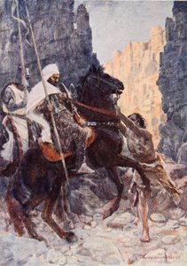 Der schottische Ritter Sir Kenneth mit dem Sarazenen, überrascht von Hamako, als sie im Tal des Todesschattens ritten, Illustration für 
