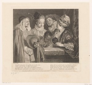 Gesellschaft von fünf Schauspielern bei einem Parapet Oeuvre von Antoine Watteau (Serientitel) von Simon Henri Thomassin