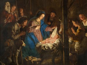 Pfarrkirche (Onze-Lieve-Vrouw-Hemelvaartkerk). Innenraum. Gemälde. Weihnachtsszene. Simon De Paepe. Ursprung Abtei Ename (?). von Simon II de Pape