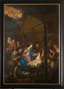 Pfarrkirche (Onze-Lieve-Vrouw-Hemelvaartkerk). Innenraum. Gemälde. Weihnachtsszene. Simon De Paepe. Ursprung Abtei Ename (?). von Simon II de Pape