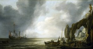 Niederländische Kriegsschiffe vor einer felsigen Küste, einige Besatzungsmitglieder an Land um Fischkörbe versammelt