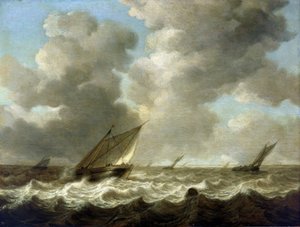 Fischerboote auf rauer See, am Horizont ist die niederländische Küste sichtbar von Simon Jacobsz. Vlieger