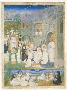 Die Heiligen Jungfrauen werden von Christus begrüßt, als sie die Tore des Paradieses betreten von Simon Marmion