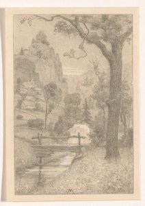 Berglandschaft mit Wasserfall und Brücke von Simon Moulijn