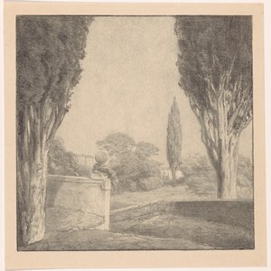 Landschaft mit Mauer und Zypresse