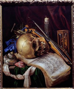 Vanitas Stillleben mit Schädel, Notenblättern, Musikinstrumenten, Muscheln und Sanduhr