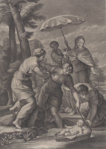 Drei Frauen ziehen den Korb mit dem Säugling Moses aus dem Wasser von Simon Vallee