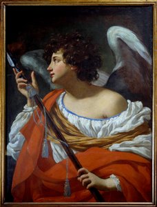 Der Engel, der den Speer trägt, nachdem er das Herz Christi durchbohrt hat, und der in Essig getränkte Schwamm