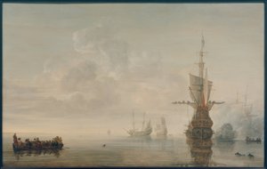 Das Flaggschiff "Aemilia" feuert Salut für Admiral Maerten Harpertsz. Tromp von Simon de Vlieger