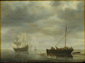 Einmaster und Fregatte feuern Salut auf ruhiger See von Simon de Vlieger