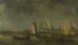 Die Schlacht auf dem Slaak zwischen den niederländischen und spanischen Flotten in der Nacht vom 12. auf den 13. September 1631 von Simon de Vlieger