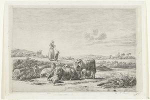 Landschaft mit Hirtin und Hund bei Schafherde von Simon van den Berg