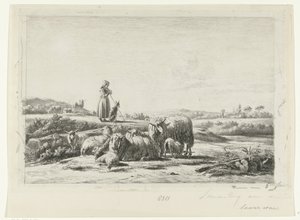 Landschaft mit Schäferin und Hund bei einer Schafherde von Simon van den Berg