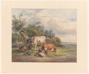 Landschaft mit Vieh bei einem Baum von Simon van den Berg