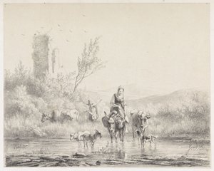 Frau auf Esel und ihre Herde von Simon van den Berg