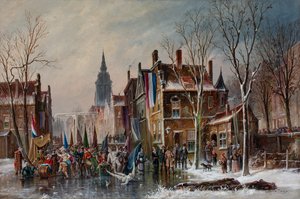 Karnevalsumzug auf einem zugefrorenen Kanal, ca. 1840-60 von Simon van der Ley