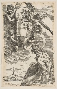 Allegorie des Flusses Foglia mit dem Wappen der Stadt Pesaro, Frontispiz für ..., ca. 1639 von Simone Cantarini