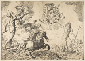 Jupiter, Neptun und Pluto bieten ihre Kronen den Waffen von Kardinal Borghese an, 1642-43 von Simone Cantarini