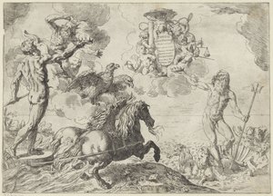 Jupiter, Neptun und Pluto bieten ihre Krone dem Wappen von Kardinal Scipione Borghese an
