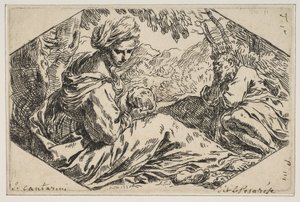 Ruhe in Ägypten, Maria hält und betrachtet das Jesuskind, während St. Joseph, ca. 1637-1639 von Simone Cantarini