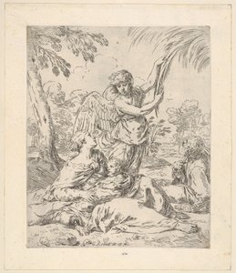 Ruhe in Ägypten, Maria stillt das Christkind, während ein Engel an einem Baum zieht, ca. 1630-1648 von Simone Cantarini