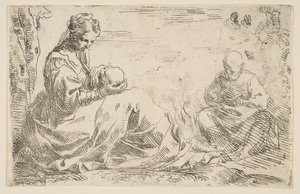 Ruhe auf der Flucht nach Ägypten, Maria hält und schaut auf das Jesuskind, während St...., ca. 1637 von Simone Cantarini
