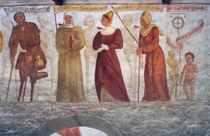 Der Tod mit dem Lahmen, der Nonne, der jungen Frau, der alten Frau und dem Kind, Detail aus dem Totentanz