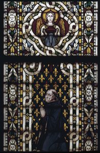 Kardinal Gentil von Montefiore kniet - Glasmalerei von Simone Martini, Basilika von St. Franziskus von Assisi, Unterkirche, Kapelle von St. Louis, Assisi