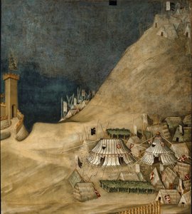 (Detail) des Militärlagers hinter Guido Riccio da Fogliano, während der Eroberung der Burg Montemassi, 1328 (Fresko) von Simone Martini