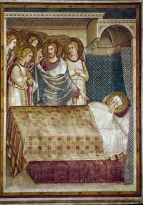 Fresko des Lebens des Heiligen Martin. Der Traum des Heiligen Martin: Christus, umgeben von Engeln, offenbart ihm, dass er der Bettler war, dem er seinen Mantel gegeben hat. Gemälde von Simone Martini (1280-1344). Fresko
